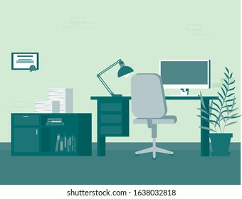Office background work space room compurer interior desk monoblock chear