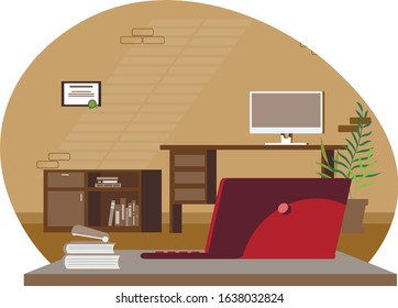 Office background work space room compurer interior desk table chear laptop monoblock