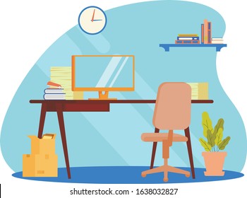 Office background work space room compurer interior desk table chear monoblock business flat