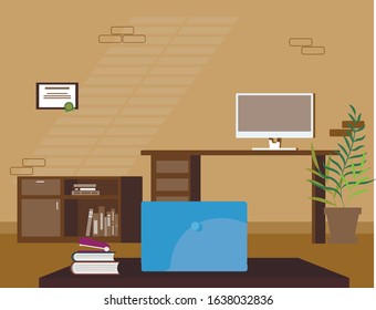 Office background work space room compurer interior desk desktop table chear flat 