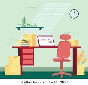 Office background work space room compurer interior desk table chear laptop box paper