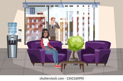 Office or bank waiting room interior. Modern furniture in the hall. Woman waiting and sitting in armchair. Business company comfortable lobby. Vector illustration in cartoon style