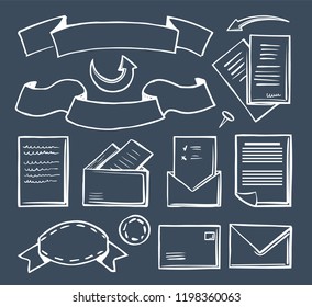 Office banner and message envelope set of isolated icons vector. Monochrome sketches outline, arrows and pages, papers and pin for items fixation