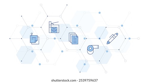 Office Banner Vector Illustration with Icon Style in Between. Line Duotone icon. Containing scotch tape, pen, notes, print, file.