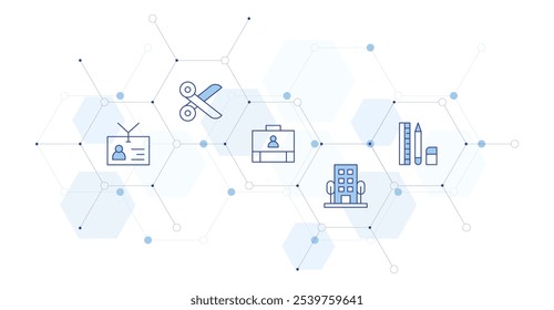 Ilustración vectorial de Anuncio de oficina con estilo de icono en el medio. Icono de línea Duotone. Contiene tijeras, maletín, edificio, insignia, estacionario.