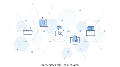 Ilustración vectorial de Anuncio de oficina con estilo de icono en el medio. Icono de línea Duotone. Contiene espacio de trabajo, oficina, escritorio, notas, caja de almacenamiento.