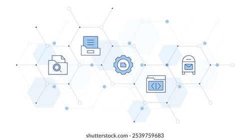 Ilustración vectorial de Anuncio de oficina con estilo de icono en el medio. Icono de línea Duotone. Contiene oficina de correos, carpeta, equipo.