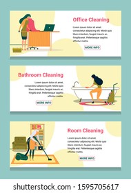 Office, Bathroom, Room Cleaning Service Banners Set Flat Cartoon Vector Illustration. Girl Wiping Dust on Desk or table, Woman Washing Bath with Sponge and Detergents. Character Vacuum Cleaning.