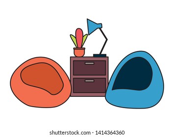 office bean chairs table lamp plant in pot vector illustration