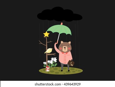 Office bear and little bird friend under umbrella in rainy day, Feel good in rainy day