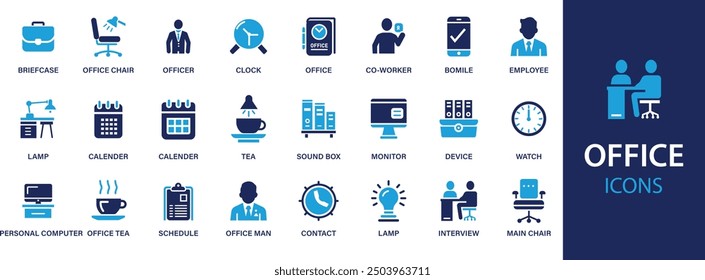 Office best soild icon set. Containing briefcase, desk, computer, meeting, employee, schedule, archive, badge, clipboard, desk, document and employee