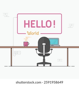 Office with big hello world sign, chair, laptop, cup of coffee, office chair, wood table and background details. Vector editable illustration of a working place