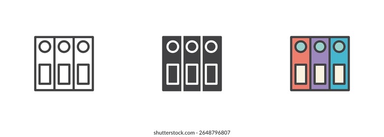 Office binder line icon, solid and filled outline colorful icon set featuring document binders outline, solid binder icon and filled outline version as color vector sign symbol.