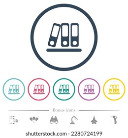 Office binders flat color icons in round outlines. 6 bonus icons included.