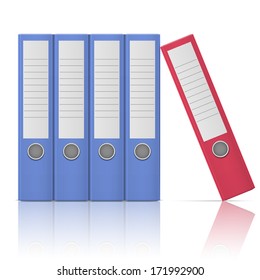 Office binders, standing five in row, in different colors, on white background. Vector illustration. EPS10.