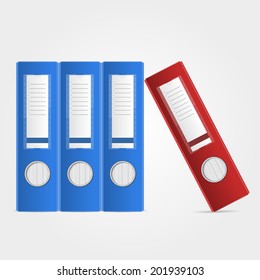 Office binders, standing in row, red and blue, on white background. Vector illustration.