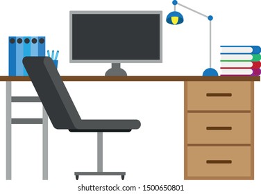 Office with black chair and table with computer and books.