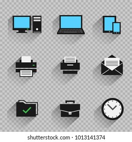 Office black flat icon set collection computer printer watch tablet smartphone folder mail with shadow on transparent background