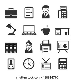 Office black isolated icon set office workers equipment and accessories necessary for organization of workplace vector illustration