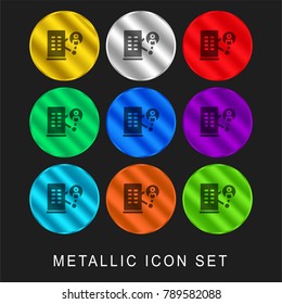 Office block 9 color metallic chromium icon or logo set including gold and silver