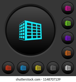 Office block dark push buttons with vivid color icons on dark grey background