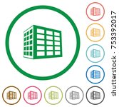 Office block flat color icons in round outlines on white background