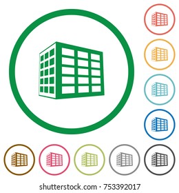 Office block flat color icons in round outlines on white background