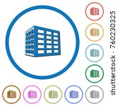 Office block flat color vector icons with shadows in round outlines on white background