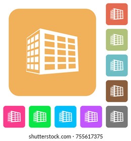 Office block flat icons on rounded square vivid color backgrounds.