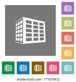 Office block flat icons on simple color square backgrounds