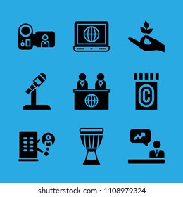 office block, medicine, drum, news reporter, microphone, analytics, laptop, camcorder and hand holding a stalk vector icon. Simple icons set