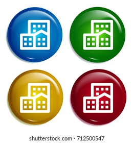 Office block multi color gradient glossy badge icon set. Realistic shiny badge icon or logo mockup
