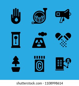 office block, power plant, clock, french horn, plant, pills, medicine, megaphone and drop of water on hand vector icon. Simple icons set