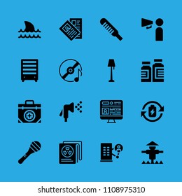 office block, scarecrow, maraca, news paper, lamp, thermometer, television, promoting and compact disc vector icon. Simple icons set