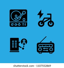 office block, turntable, radio and bike icons vector in sample icon set for web and graphic design