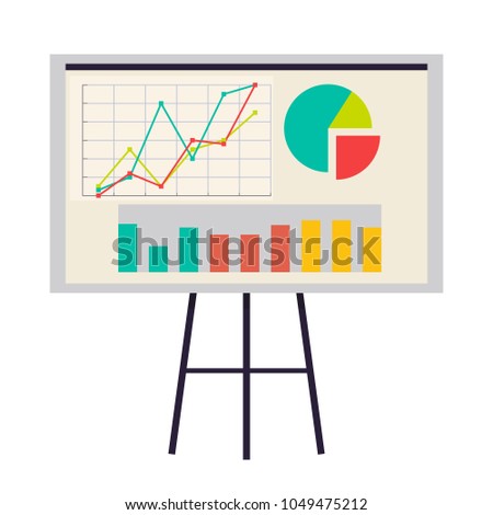 Office board with charts and diagrams vector illustration tripod isolated on white background. Drawn graphs, business infochart presentation billboard