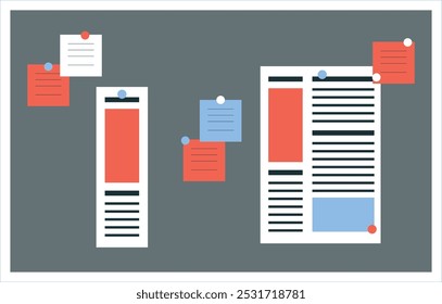 Office board. Information Board with paper, documentation, ads, advertisement and announcement, notification. Wall element. Cartoons. Board on wall and elements.