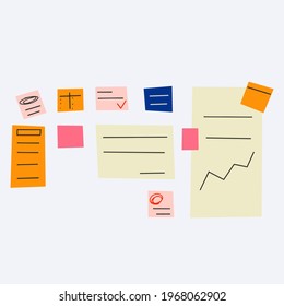 oficina de notas. Moodboard para la lluvia de ideas y la creatividad. Lista de tareas pendientes y recordatorios. Tareas diarias. Interior de oficina. Cuadrícula para pegatinas. Estilo dibujado a mano.Educación y exámenes