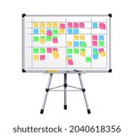 Office board. Task stickers on boards surface. Scrum or agile management, colorful sticky for daily plan. Business meeting isolated vector element