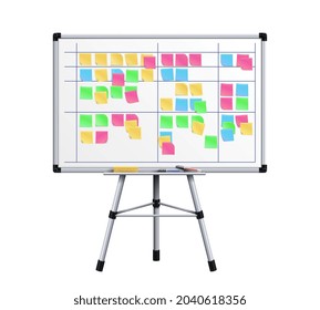 Consejo de oficina. Surgen pegatinas de tareas en tableros. Manejo crudo o ágil, colorido pegajoso para el plan diario. Elemento vectorial aislado de reunión de negocios