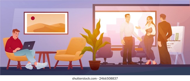 Office boardroom. Business negotiation. People communication. Businessmen meeting. Project discussion. Training room interior. Staff workspace. Employee working with laptop. Vector cartoon background