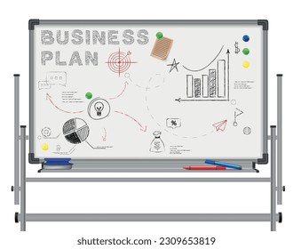 Office boards realistic set with isolated front view of folding aluminum frame with pen images and text vector illustration