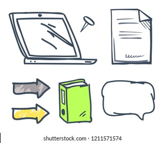 Office book and files thought bubble for text sample set vector. Page and arrowheads with direction, pin and laptop screen monitor, sheet of paper