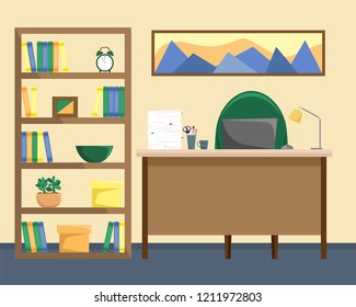 An office with a bookcase. Desk with a lamp, a pile of papers and a laptop. Vector illustration.
