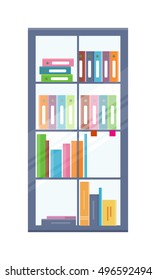 Office bookcase with folders on shelves. Colored folders with documents on shelves. Bookcase icon. Furniture element for office interior. Isolated object on white background. Vector illustration.