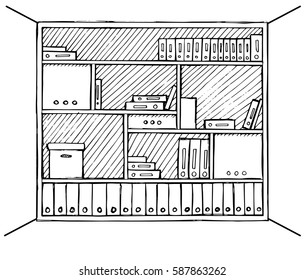 Office bookcase isolated on a white background. Vector illustration in a sketch style.