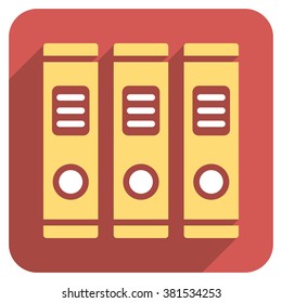 Office Books long shadow vector icon. Style is a flat symbol on a red rounded square button.