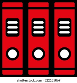 Office Books vector icon. Style is bicolor flat symbol, red and white colors, rounded angles, black background.