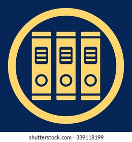 Office Books vector icon. Style is flat rounded symbol, yellow color, rounded angles, blue background.