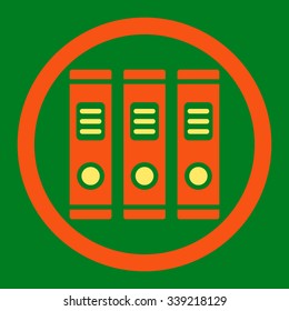 Office Books vector icon. Style is bicolor flat rounded symbol, orange and yellow colors, rounded angles, green background.